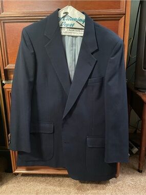 Men's Vintage Navy Blue Blazer - Classic Single-Breasted Suit Jacket